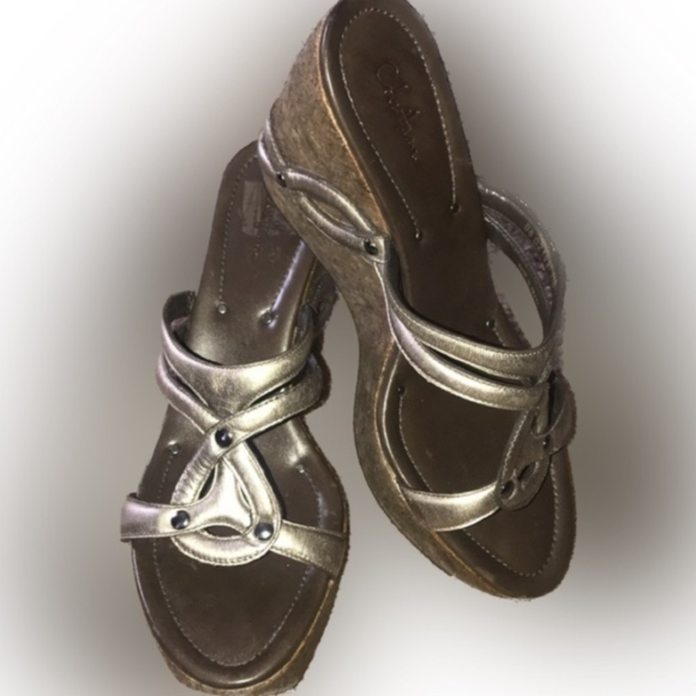Cole Haan copper brown cork wedge heel slip on sandals size 10